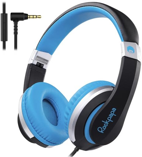 Rockpapa I20 Wired Headphones, Wired Headset On Ear Stereo Head phones with Microphone for Kids Children Adult, Adjustable Headband, Foldable Headphones for Travel/PC/Mac/Laptop/Phone (Black Blue)