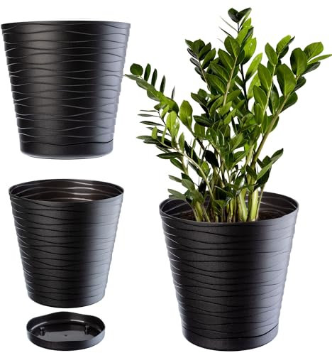 KADAX Pot de Fleurs en Plastique avec Soucoupe Incorporée, Pot de Plantes avec Conception Raffinée pour la Décoration d'Intérieur (21 cm, Noir)