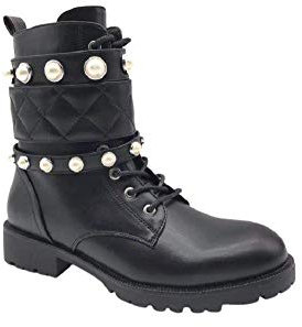 Fashion Moda Stivali Stivaletti Tronchetti Anfibi Perle Borchie Lacci Stringati Nero Punta Tonda Ecopelle Tacco Basso Comodo Cerniera Zip Biker Motociclista Q615 (41)