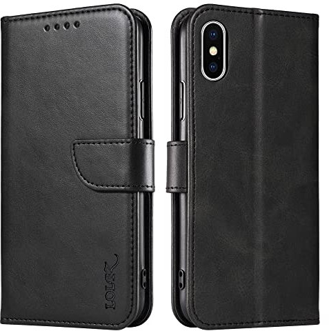 LOLFZ Wallet Case for iPhone XS Max, Vintage Leather Book Case with Card Holder Kickstand Magnetic Closure Flip Case Cover for iPhone XS Max - Black