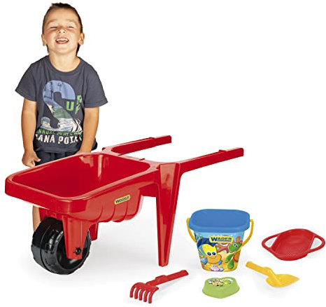Wader 74812 Gigant Red Wheelbarrow with 5-Piece Accessories, Maximum Load 100 kg, Approx. 77 x 34 x 32 cm, from 12 Months, Ideal for Garden, Sandpit, Beach or as a Gift for Creative Play