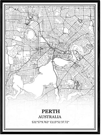 TANOKCRS Perth Australien Karte Wandkunst Leinwand drucken Poster Artwork ungerahmt moderne Schwarz-Weiß-Karte Souvenir Geschenk Home Decor 28x36 cm