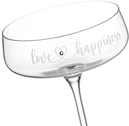 DIAMANTE Swarovski Set of 2 Champagne Cocktail Coupes Saucers Pair - ‘Love & Happiness’ Slogan with Swarovski Crystal - Set of 2
