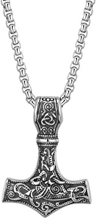 AUELEK Viking Necklace,Mjolnir Necklace, Thor's Hammer Pendant Viking Necklace For Men Women Stainless Steel Mjolnir Pendant Nordic Runic Necklaces Talisman Amulets Protective Jewelry Norse Gift