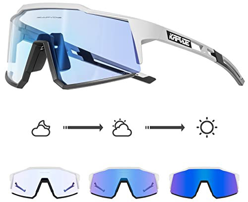 KAPVOE Photochromatische Selbsttönend Fahrradbrille TR90 Rahmen für Herren Damen Klar Sportsonnenbrille Sport Radfahren MTB Radbrille Sportbrille Fahren Baseball Laufen Blau Weiß 09