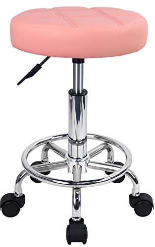 KKTONER Sgabello Rotondo con Ruote per casa Parrucchiere Sedia da Lavoro Imbottita con Ruote con Cuscino in Pelle Sgabello per Ufficio Piccolo (Rosa)