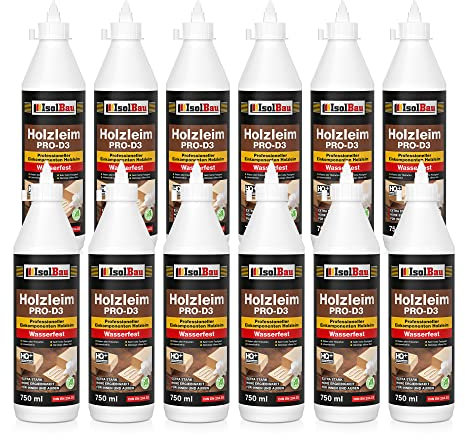 Isolbau Holzleim PRO-D3-12 x 750 ml (860 g) Extra starker Holzkleber für alle Holzarten, für Innen & Außen, Wasserfest, Lösemittelfrei