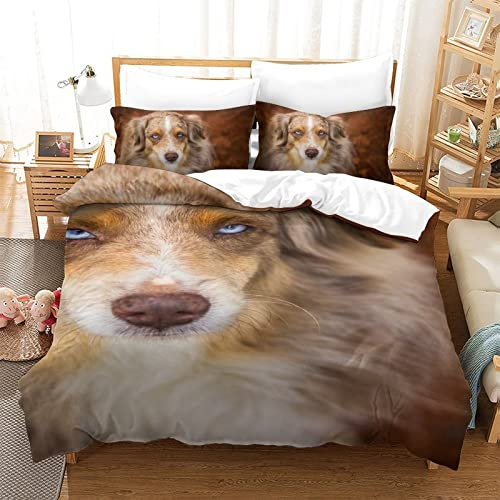 3D-Gedruckter Bettdeckenbezug Australian Shepherd Bettwäsche-Set 3-teilig Tagesdecken und Bettbezüge für alle Jahreszeiten Einzelbett 135 x 200 cm
