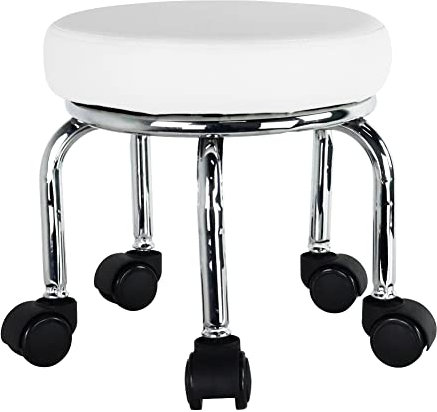 WKWKER Kleiner Rollhocker PU Leder Rollsitz 360 ° Drehbar Niedrige Runde Hocker mit Universal Rollen für Home Massage Garten Büro Garage Shop Fitness Sport, H: 31.5cm (Weiß)