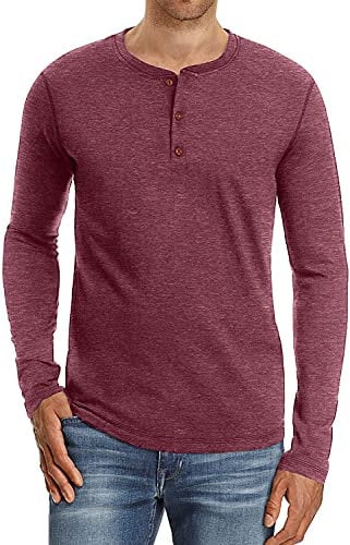 Sailwind Mens Henley Long Sleeve T-Shirt Cotton Casual Shirt(VG Red,M)