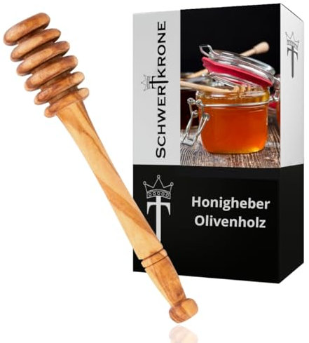 Schwertkrone Cuchara de Miel Premium de Madera de Olivo - 15 cm - Idea Regalo para Amantes de la Miel - Espiral y Varilla
