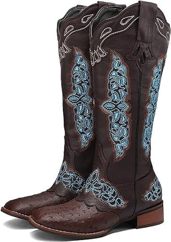CRETUAO Stivali Alti al Ginocchio da Cowboy Ricamati da Donna,Stivali Western da Cowgirl con Tacco Basso alla Moda,Stivali Lunghi da Sposa Casual retrò da Equitazione,Marrone,37 EU