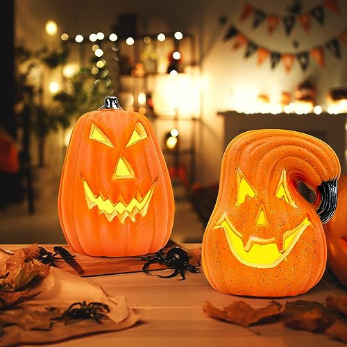 Halloween Deko LED Kürbis Lampe, LED Kürbis Deko Halloween Licht, Kürbis Halloween LED Kerzen, Ausgehöhlte Kürbis LED Kerze Lampe Batteriebetrieben für Halloween Dekoration, Party Tischdeko (A+B)