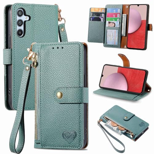 VEEMOS Zipper Wallet Case for Samsung Galaxy A14 4G 5G Phone Case with Purse Card Holders RFID Blocking Leather Flip Case Book Cover Wrist Strap Women - Green