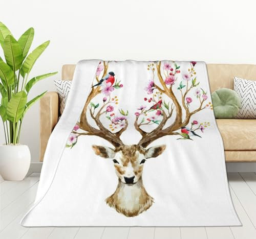 HGOD DESIGNS Überwurfdecke mit Aquarell, Hirsch, großes Geweih, Blumen und Vögel auf den Hörnern, weich, warm, leicht, für Frauen, Geburtstag, Weihnachten, Zuhause, Wohnzimmer, Dekoration, 130 x 150