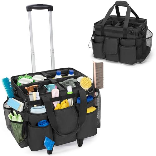 LoDrid Rolling Cleaning Bag with Detachable Trolley, Portable Cleaning Cart on Wheels for Supplies, Professional Caddy with Shoulder Strap for Housekeepers, Black (Patent Design)