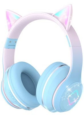 Xunpuls Auriculares Bluetooth para Niños con Micrófono,Cascos Inalambricos niña,Sonido Estéreo,Oreja de Gato con Luz LED Auriculares para Movil,Tablet,para Regalo de cumpleaños,Niños Niñas Adultos