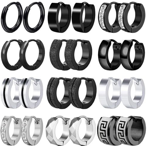 12 Paare Herren Ohrringe Edelstahl Creolen Hoops Earrings Set Ohrringe Männer Frauen Schwarz Ohrringe Mode Punk Schwarze Creolen Ohrringe für Herren Damen