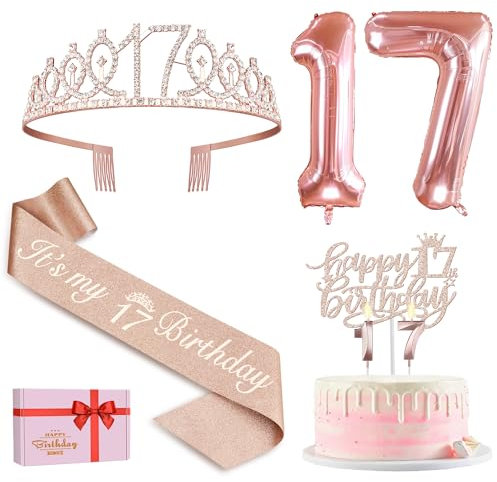 17. Geburtstag Mädchen Deko, 17. Geburtstag Krone und Schärpe, Happy Birthday Tortendeko Kerzen, Luftballons Rosegold, Geschenke für Mädchen 17 Jahre