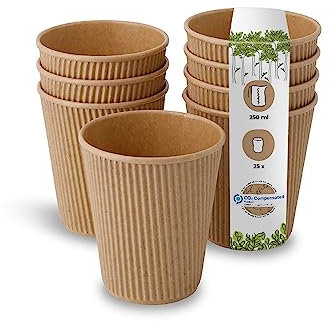 GREENBOX 25 vasos estriados para llevar de cartón kraft marrón sin blanquear, vasos de café ecológicos, desechables, orgánicos, sin imprimir, 250 ml, 100% biodegradables, compostables