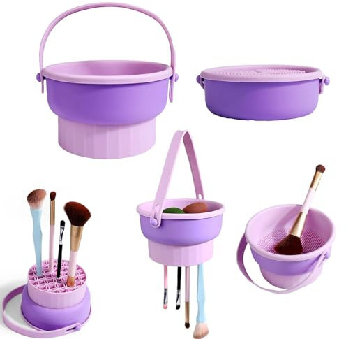 Pulizia pennelli trucco 3 in 1,detergente pennelli trucco,porta pennelli trucco in silicone,Tappetino detergente pennelli Tappetino pieghevole per pulizia pennelli trucco con cordino (Viola)
