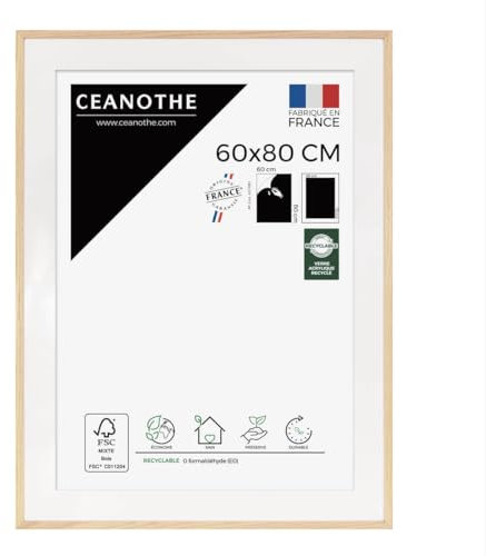 Ceanothe Cadre Photo Bois Chêne 60x80 cm avec Passe-Partout 50x70 cm - Bois Naturel FSC pour A2 et Affiche Poster - Verre Acrylique Incassable Collection Alba - Fabriqué en France