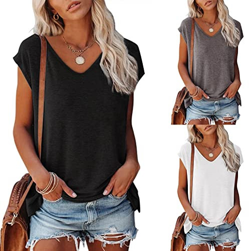 Shobdw T Shirt Damen V Ausschnitt Damen Shirt Tshirt T-Shirt Sommer Kurzarm Top Bluse Sport Oberteil Oberteile Shirts Elegant Oversize Für Tshirts Mit Locker Baumwolle Basic Blusen T-Shirts Schwarz XL
