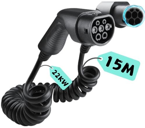 Loady Typ 2 ladekabel Spiral - 22 kW - 15m Kabel | Extra langes 15 Meter Kabel für Auto EV/PHEV - 22kw ladegerät typ 2-2 Jahre Garantie - typ 2 ladekabel 22kw