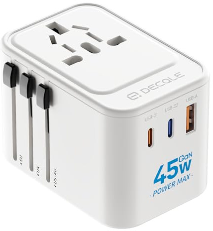 decqle Universal Travel Adapter for International Travel - EU UK US AU JP | GaN 45W, 2 USB-C ＆ 1 USB-A, International Plug Adapter, All in One Portable Adapter, NOT A Voltage Converter (White)