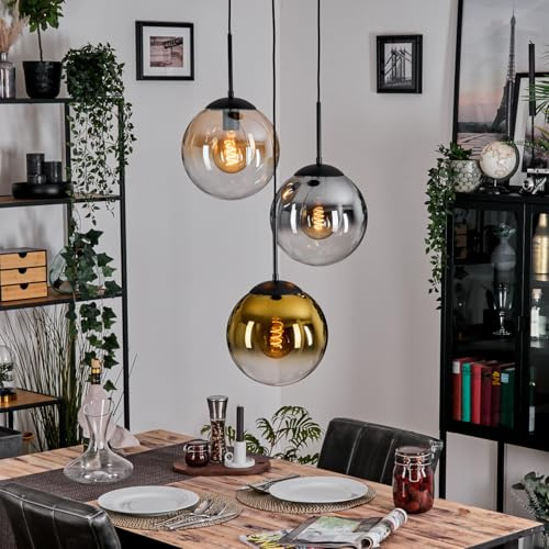 HOFSTEIN Hängeleuchte Gastor, 3-flammige Hängelampe aus Metall/Glas in Schwarz/Rauch/Bernstein/Gold/Klar, Pendelleuchte im Retro/Vintage-Design, Ø Schirme 25 cm, E27, Esszimmer, Küche, Wohnzimmer