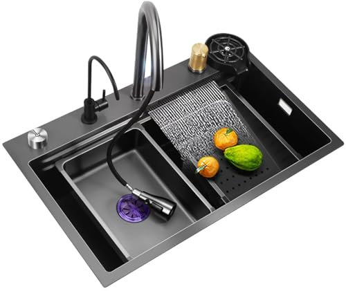 JXDWTL Lavello da Cucina Nero, postazione di Lavoro, lavello a Cascata in Acciaio Inox con Lavatrice, lavello da Fattoria con Rubinetto Estraibile