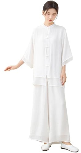 DAYKET Abbigliamento Tai Chi Donna Seta e Lino Kung Fu Uniforme Stile Cinese Meditazione Zen Casual Maniche a Tre Quarti Esercizi Mattutini Vestito per Le Donne,White-XL