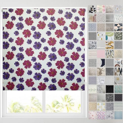Barnes Blinds - Blackout Pattern Roller Blinds for Windows, Custom Cut to Size - Thermal Fabric Durable Fittings Easy Fit (Purple Flower 61cm)