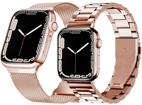 Hongxinzhan Confezione da 2 cinturini di ricambio in metallo compatibili con Apple Watch, oro rosa, 45/44/42mm(S1-S9)/49mm(Ultra/2)/46mm(S10), Classico