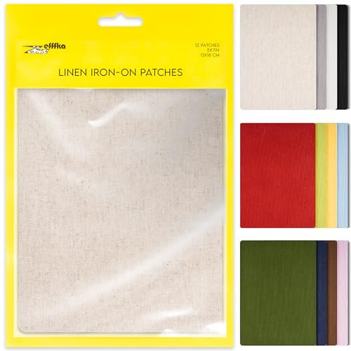 ZEFFFKA 12-Pack Linen Iron-on Patches Fabric Repair Kit for Clothing Shirts Pants Dresses Natural Look Strong Adhesive 12 Colors 30% Linen 70% Cotton 5” x 7” (13 x 18 cm)