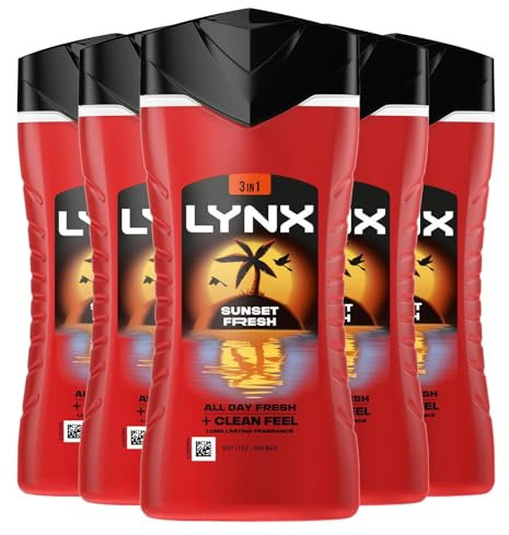 Lynx Body Wash Multipack Sunset Fresh 3-in-1 Men's Shower Gel for Hair, Face & Body 12H Sweat and Odour Protection Energising Mango and Mandarin Scent 225ml, 5 Pack