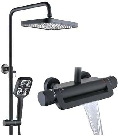 Colonne de Douche Thermostatique avec Mitigeur, Ensemble Système Douche Mural Kit Set de Douche 3 Fonctions avec Douche de Tête, Pommeau de Douche, Bec de Baignoire Cascade Réglable (Noir)
