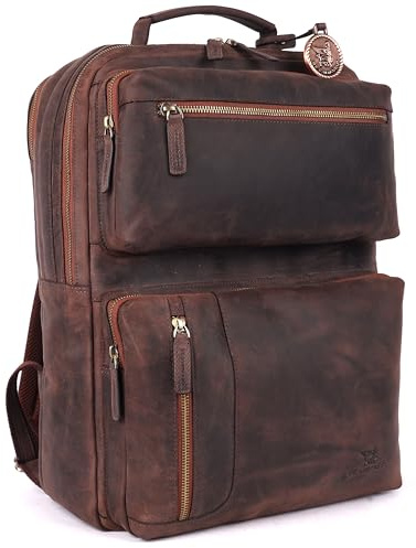 DE LAMASSU® Alfred Laptop Rucksack aus echtem Leder – Business Rucksack für Damen & Herren – bis 17 Zoll – Trolley-Gurt, Vintage Look, Luxus Geschenkbox (Braun Hunter)