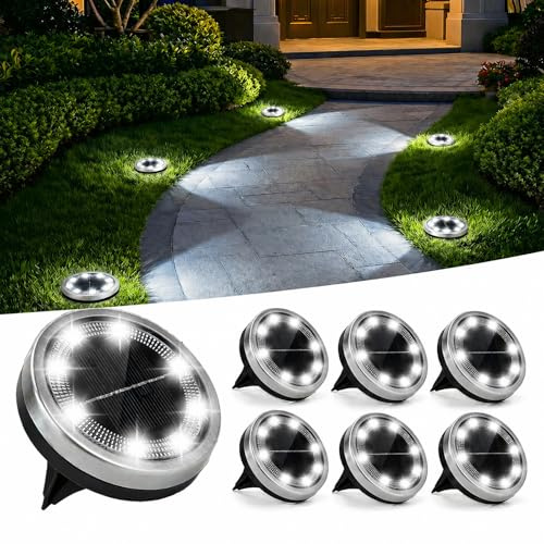 Jsdoin 6PCS Solar Floor Lights Outdoor, 8 LED Lights Waterproof Outdoor Light, IP68 Garden Light Stainless Steel Solar Lamp for Walkway, Terrace, Outdoor, Lawn, Entrance (White)