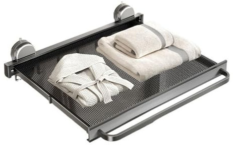 Etagere Douche Porte-serviettes à ventouse, porte-serviettes extensible à fixation murale, organisateur de serviettes rétractable en aluminium avec tige et crochets d'activité, gain de place Shower Sh