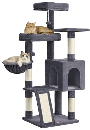 Feandrea Kratzbaum, 3 große Plattformen, Höhle und Korb, 136 cm hoch | Katzenbaum mit Kratzsäulen, Rampe, 2 Plüschbälle, rauchgrau, CLAWFY Kollektion PCT012GS01