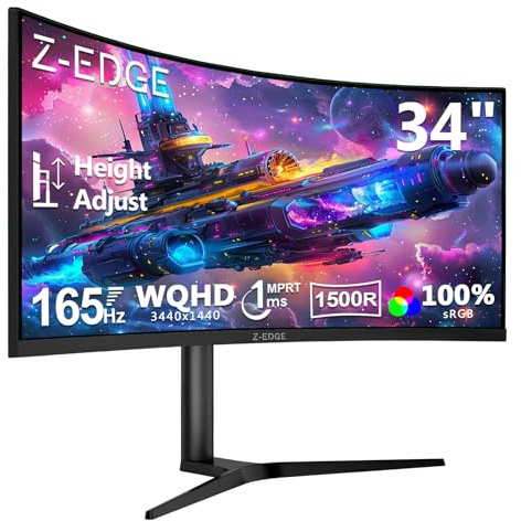 Z-Edge Monitor curvo 34 pollici, 165 Hz, 3440x1440, 1 ms MPRT, regolabile in altezza e inclinazione, schermo ultrawide 21:9, FreeSync, pannello VA 1500R, 2* HDMI 2.0 e 2* DP 1.4, RGB, VESA 100*100mm