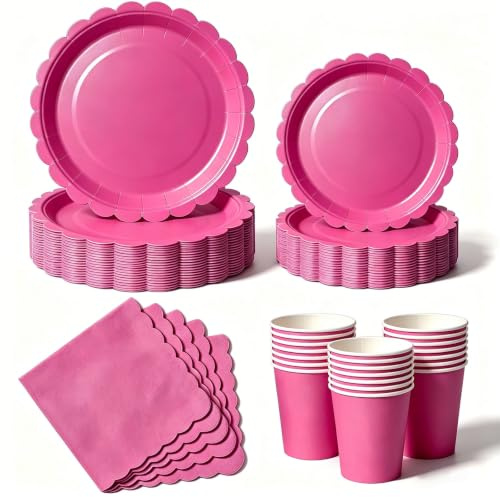 Nkaiso 50 Pcs Hot Pink Scalloped Paper Plates and Napkins Set for 10