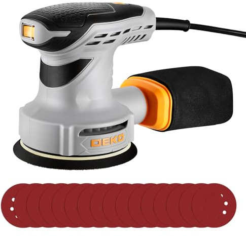 DEKOPRO Ponceuse Excentrique 300W 125mm: Ponceuse Orbitale Electrique 13000RPM, avec Auto-aspiration, Auto-agrippant Papier Abrasif 16 Pièces, pour Surfaces en Bois, Acier, Polissage de Précision