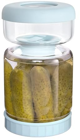 Hourglass Pickle Jar with Strainer 34oz / 1000ML, Flip Pickle Juice Separator Glass Jar, Dry Wet Separate Olive Jar, Wide Mouth Borosilicate Glass Pickle Container for Olives Vegetables Fruits (Blue)