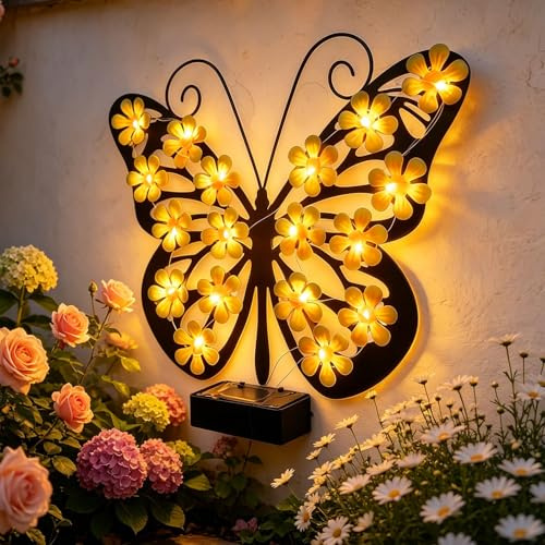Solar Wanddeko Schmetterling aus Metall,Solardeko Schmetterlinge Deko Solarleuchte Außen Gartendeko ,Solar Lichter mit 18 LED,Schmetterling Solarlampen für Außen,Terrasse Draußen Garten Deko (01)