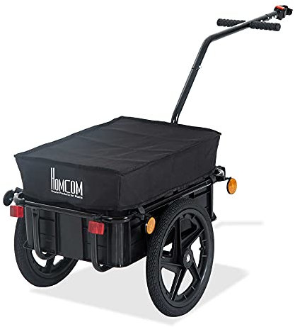 HOMCOM Remolque de Bicicleta Negro para Carga de 40 kg, Carro de Mano con Tela Oxford Impermeable, Reflectores, Marco de Acero y Asas para Transporte de Equipaje, 144x59x80 cm