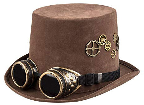Boland 54530 - Hut Sightpunk, braun, Zylinder, Wildleder-Optik, Zahnräder, Brille mit dunklen Gläsern, Kopfweite 56 bis 61, Karneval, Halloween, Fasching, Mottoparty, Kostüm, Theater, Accessoire