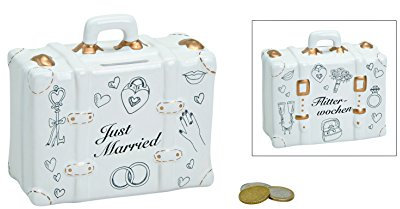 wunderschöne Spardose,Sparschwein,Hochzeitskasse Hochzeitsauto,Hochzeitskoffer,Flitterwochen,Flitterwochenkasse,Reisekoffer aus Keramik