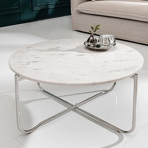 cagü Design Couchtisch FLORENTIN Weiß Marmor mit Silber Gestell 62cm